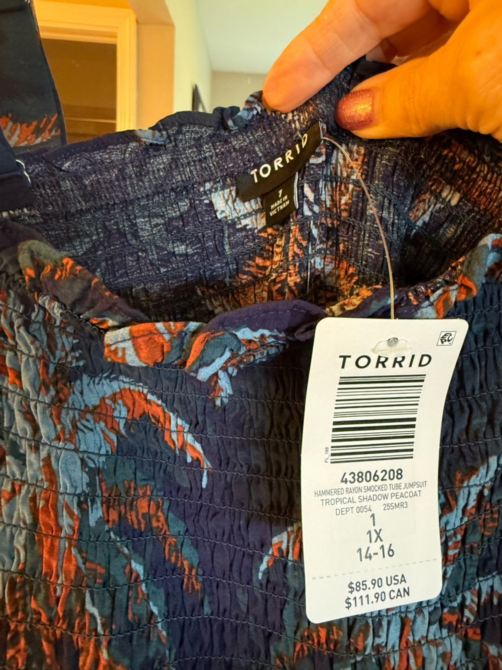Torrid Navy Smocked Jumpsuit with Blue Tropical Print - Picture 2 of 2